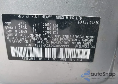 2016 Subaru Legacy 2.5I Premium z USA, uszkodzony, nr VIN 4S3BNAC62G3059933